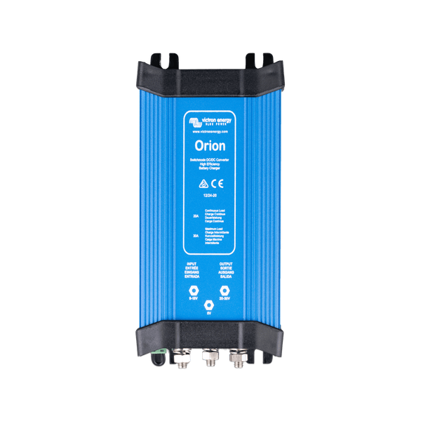 Front view of Victron Orion 12V to 24V 20A DC-DC converter in blue aluminium enclosure