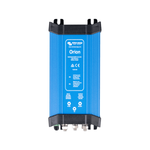 Front view of Victron Orion 12V to 24V 20A DC-DC converter in blue aluminium enclosure