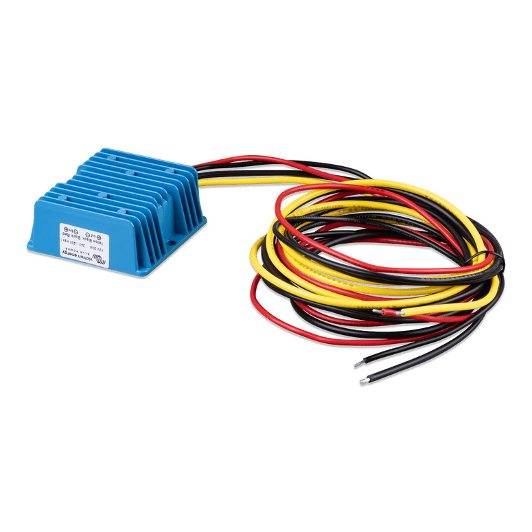 Angled view of the blue Orion 24/12-20 non-isolated DC-DC converter showing wiring side