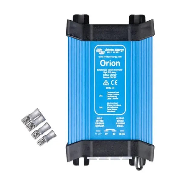 Top-down view of blue Victron Orion 24V to 12V 30A DC-DC converter with included crimp terminals