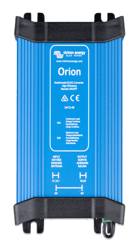 Top-down view of Victron Orion 24/12-40 DC-DC converter with blue aluminium housing and black mounting ends