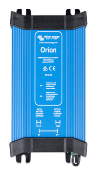 Top-down view of Victron Orion 24/12-40 DC-DC converter with blue aluminium housing and black mounting ends