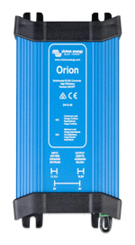 Top-down view of a blue Victron Orion 24V to 12V DC-DC converter with an aluminium heatsink casing