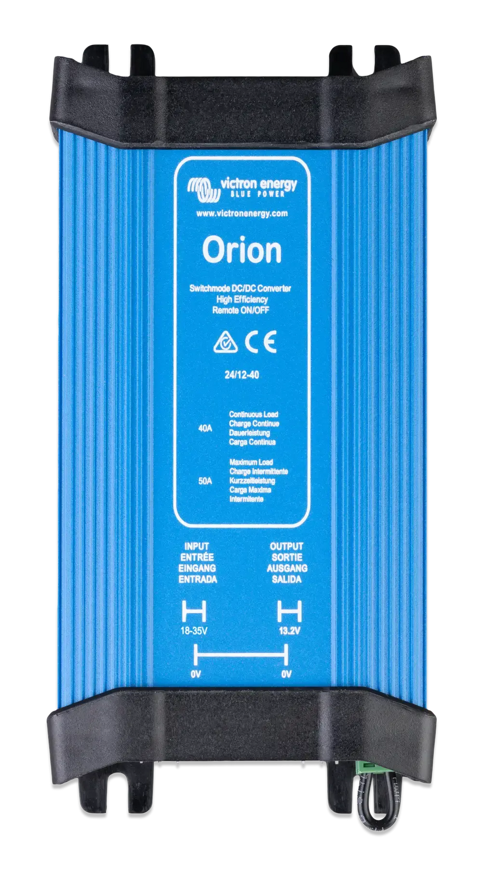 Top-down view of a blue Victron Orion 24V to 12V DC-DC converter with an aluminium heatsink casing