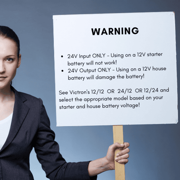 Warning banner for the 24V Orion-Tr charger indicating strictly 24V input and output use