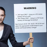 Warning banner for the 24V Orion-Tr charger indicating strictly 24V input and output use