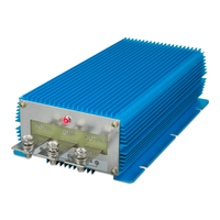Isometric view of the blue Orion DC-DC converter showing M6 bolt terminals and status LED