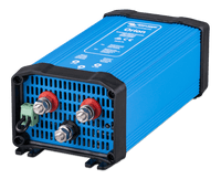 Angled perspective view of the blue Orion 24/12-70 DC-DC converter housing