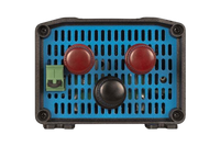 Front view of converter featuring red and black binding posts and remote on-off terminal block