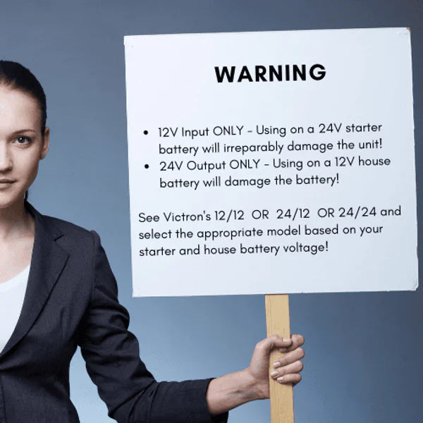 Warning notice regarding 12V input and 24V output requirements to prevent unit damage