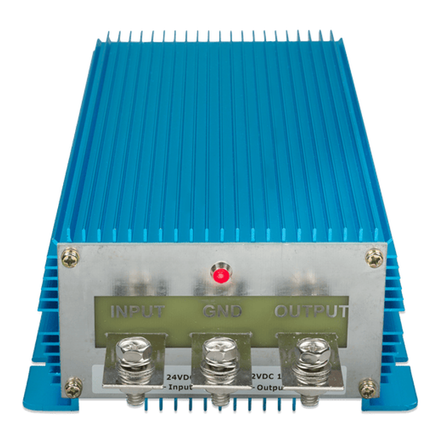 Front view of terminal plate showing input, ground and output labels on the DC-DC converter