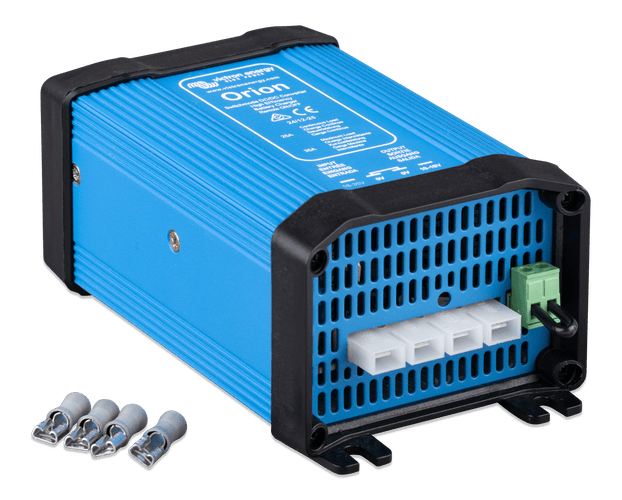 Front and side view of the Orion 24/12-25A converter with wiring accessories