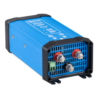 Right-side perspective of Victron Orion 12V to 24V DC-DC converter showing terminal access