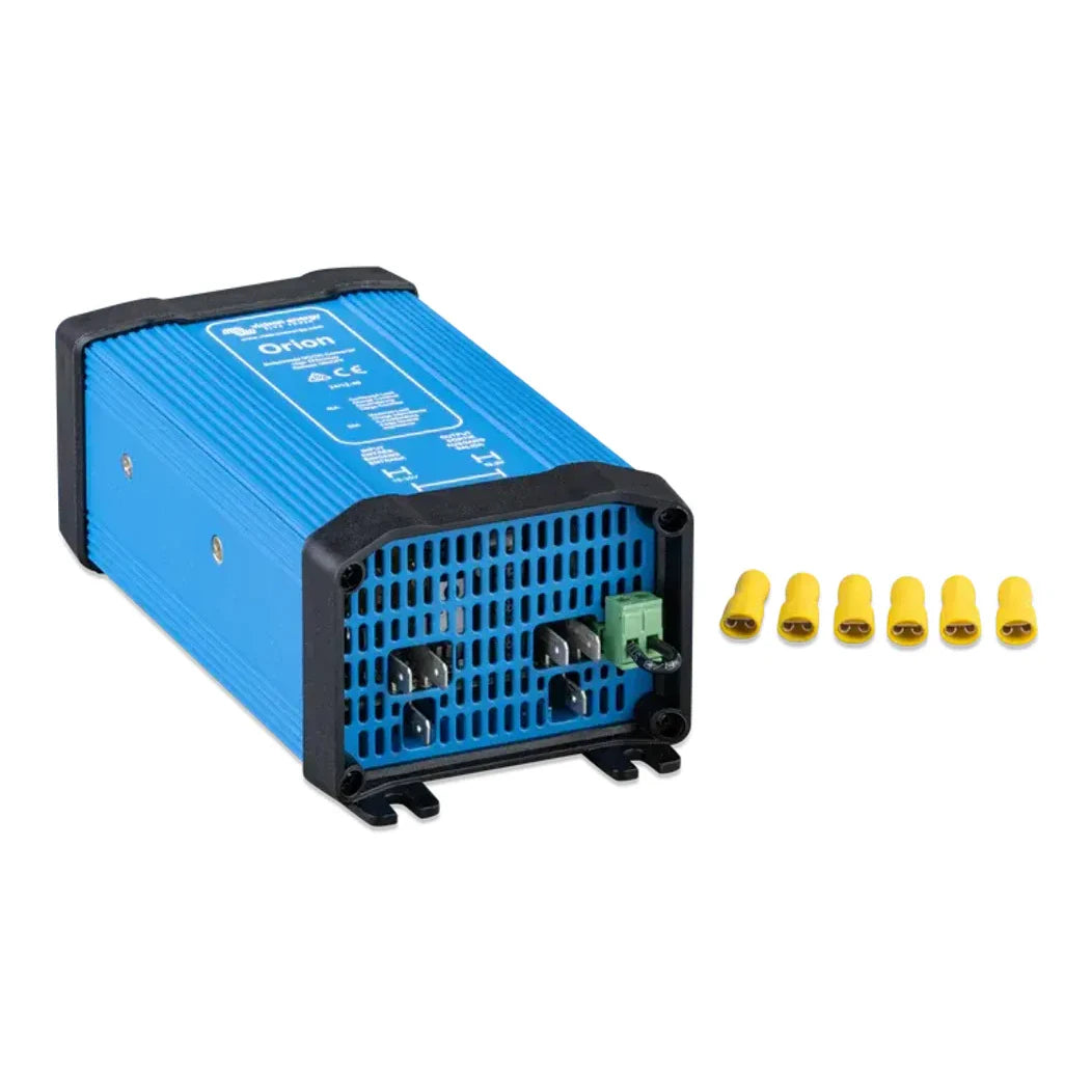 Side perspective of the Victron Orion 24V to 12V converter showing mounting slots and cooling vent layout