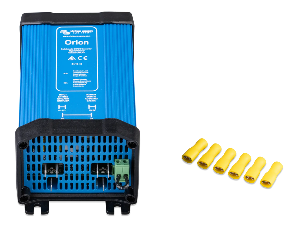 Front view of Victron Orion DC-DC converter showing cooling vents, Faston terminals, and yellow crimp connectors