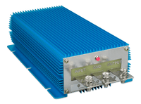 Angled view of a blue Victron DC-DC converter with heavy duty M6 bolt terminals