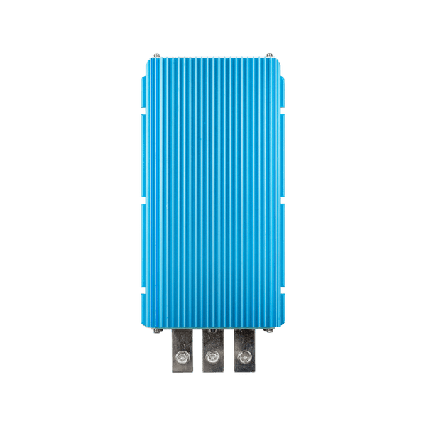 Top view of a blue Victron Orion IP67 12V to 24V DC-DC converter with ribbed aluminium heat sink