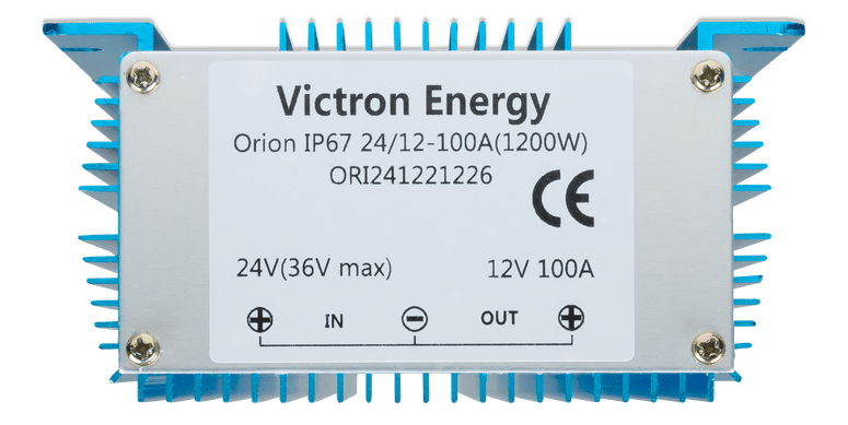 Product label for Victron Orion converter showing 1200W rating and connection diagram