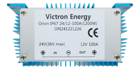 Product label for Victron Orion converter showing 1200W rating and connection diagram