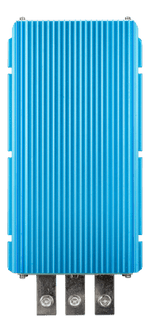 Top-down view of blue finned aluminium DC-DC converter with terminal lugs at the base