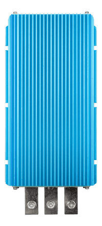 Top-down view of blue finned aluminium DC-DC converter with terminal lugs at the base