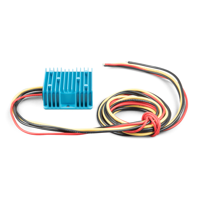 Angled view of the blue aluminium IP67 Victron Orion converter showing 1.8m input and output wiring