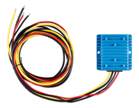 Top-down view of blue Victron Orion IP67 24/12-20 DC-DC converter with coiled cables