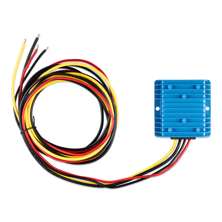 Top-down view of blue Victron Orion IP67 24/12-20 DC-DC converter with coiled cables