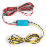 Top-down view of blue IP67 DC-DC converter with 1.8 metre input and output cables