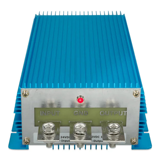 Top perspective of a blue 100A DC-DC converter highlighting the cooling fins