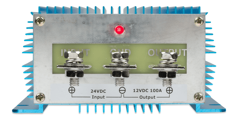 Front terminal view of DC-DC converter showing input, ground and output bolt connections
