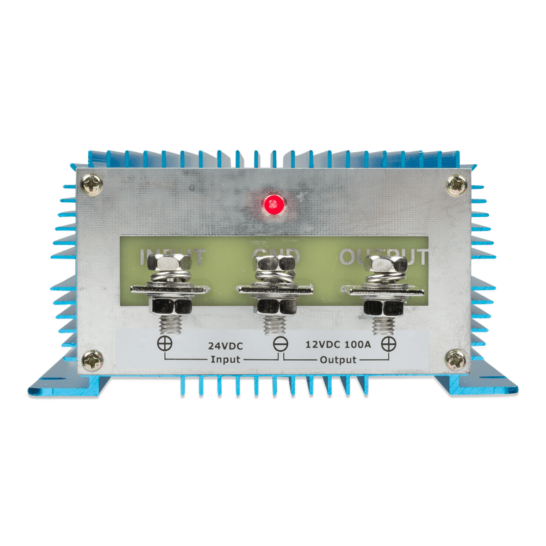 Front terminal view of DC-DC converter showing input, ground and output bolt connections