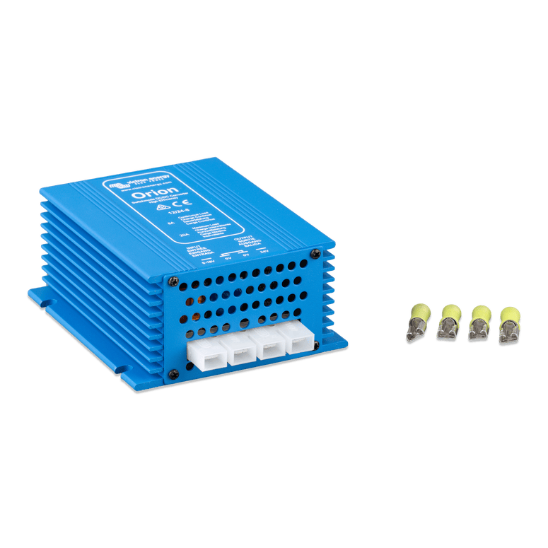 Angled view of a blue Victron Orion power converter with cooling fins and terminal block