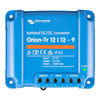 Front view of blue Victron Orion-Tr 12/12-9 isolated DC-DC converter showing technical labels