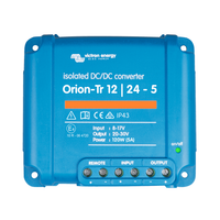 Top-down view of blue Victron Orion-Tr 12V to 24V isolated DC-DC converter with screw terminals