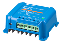 Perspective side view of the blue Victron Orion-Tr DC-DC converter with heatsink base visible