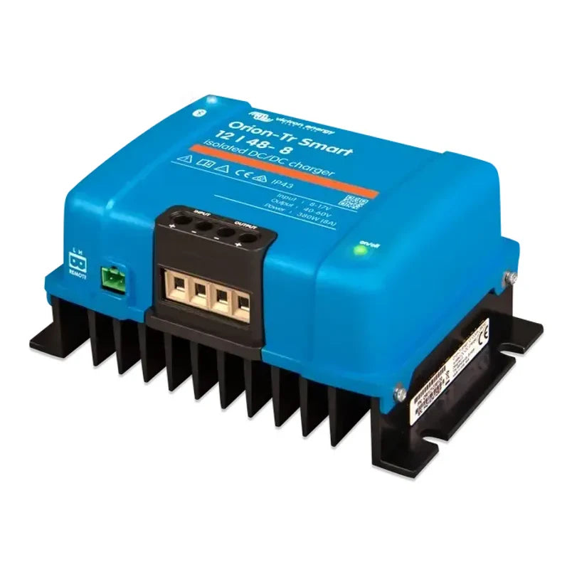 Perspective view of Victron 12V to 48V charger showing screw terminals and aluminium heat sink