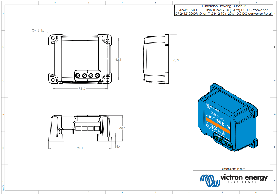 Technical dimensional drawing of Victron Orion-Tr 24/12-10 DC-DC converter in mm