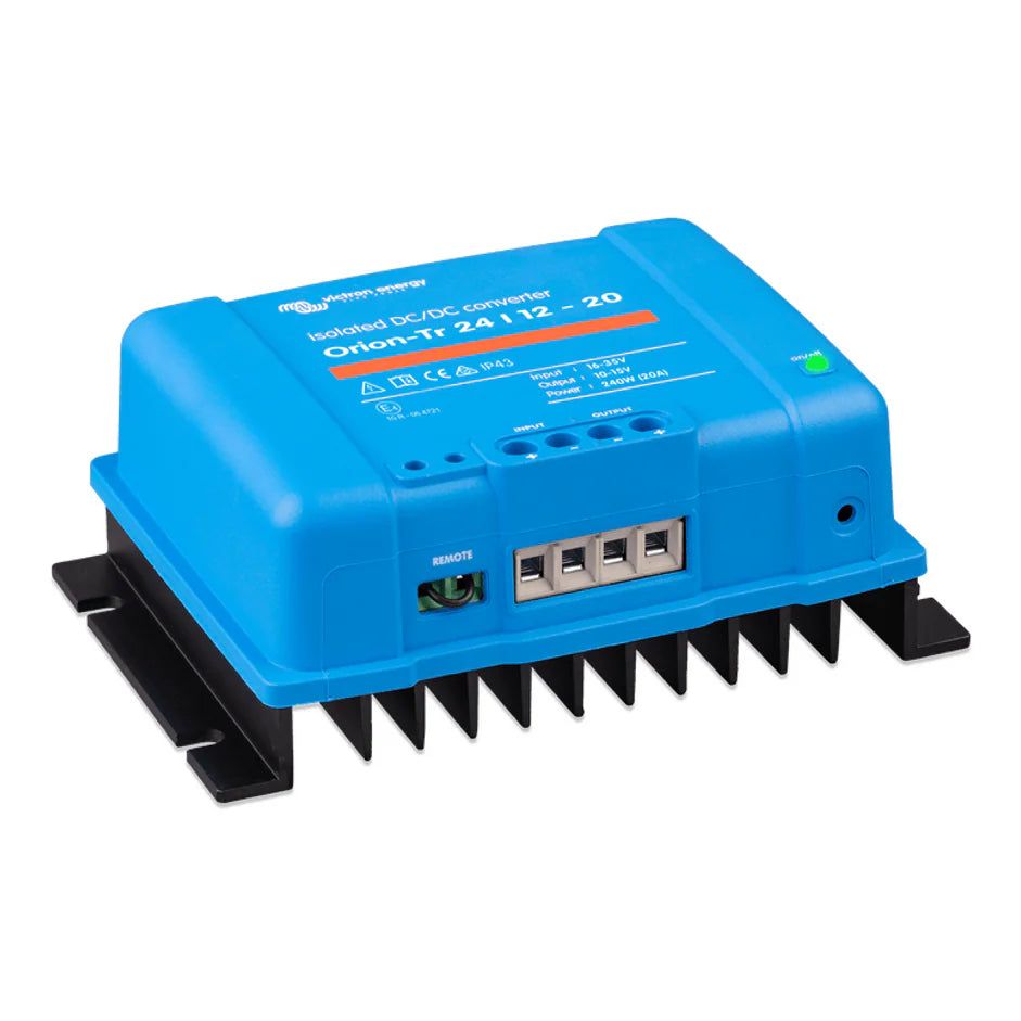 Left side angled view of the Victron Orion-Tr isolated converter showing remote port and fins