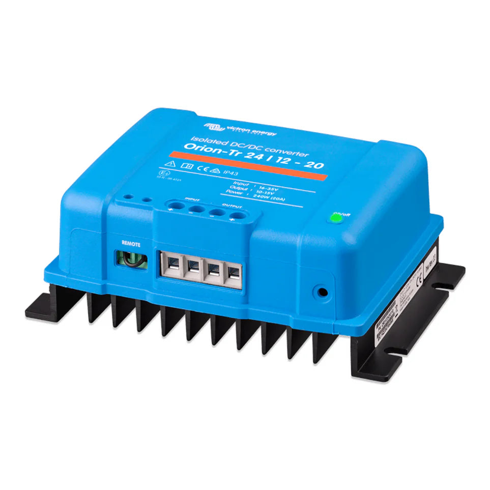 Right side angled view of the Victron Orion-Tr isolated converter showing heatsink and chassis