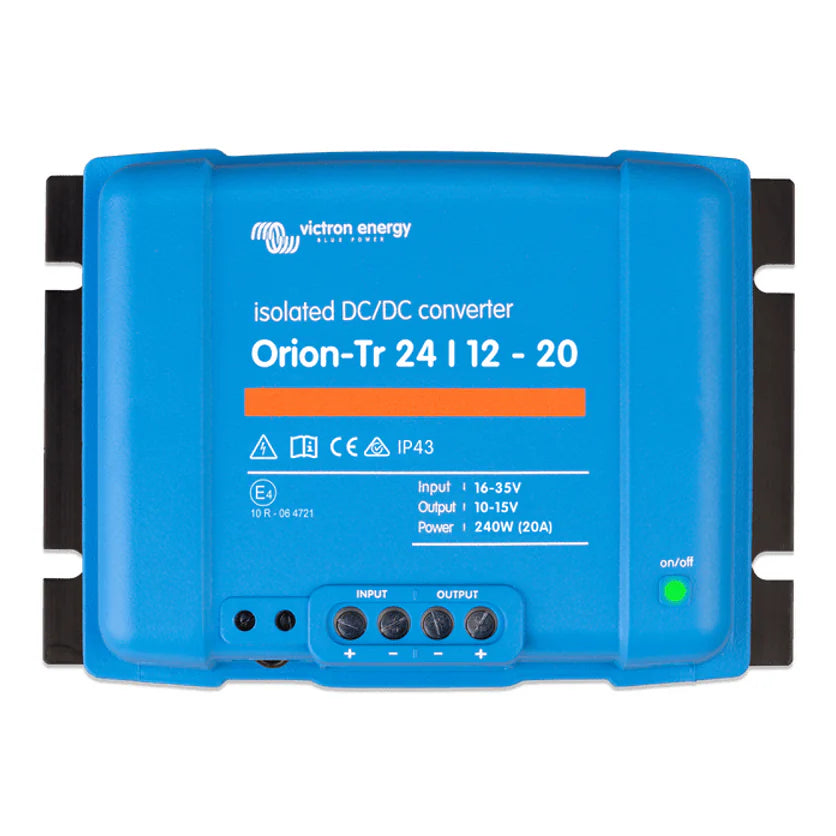 Blue Victron Orion-Tr 24/12-20 isolated DC-DC converter front view with terminal cover