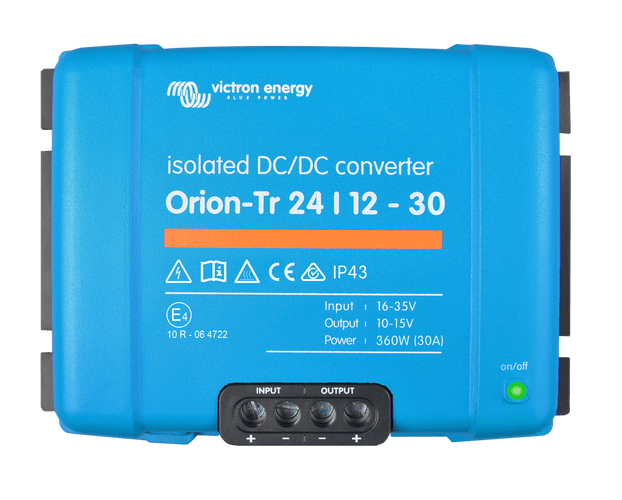 Victron Orion-Tr 24/12-30 isolated DC-DC converter with blue casing and screw terminals