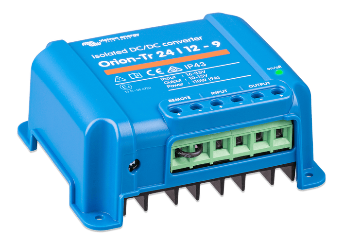 Perspective view of blue Victron Orion-Tr 24/12-9A isolated DC-DC converter