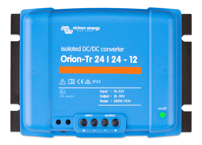 Front view of Victron Orion-Tr 24 to 24V isolated DC-DC converter with 12A output