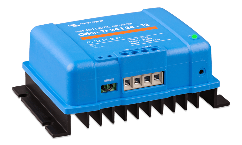Angled side view of the DC-DC converter showing the product label and housing