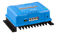 Angled side view of the DC-DC converter showing the product label and housing