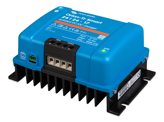 Perspective view of the blue Victron Orion-Tr Smart charger showing the heat sink and terminal port