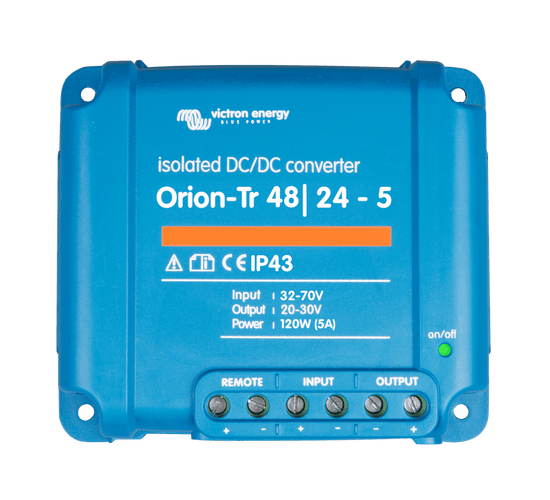 Front view of blue Victron Orion-Tr 48/24-5 isolated DC-DC converter showing screw terminal connections