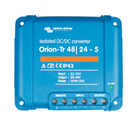 Front view of blue Victron Orion-Tr 48/24-5 isolated DC-DC converter showing screw terminal connections