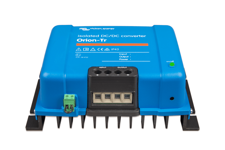 Low angle perspective of the Victron Orion-Tr 48V converter with aluminium heatsink base